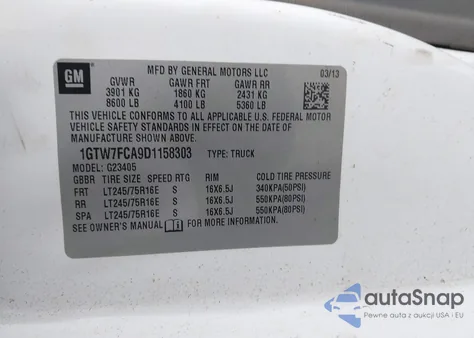 2013 GMC Savana 2500 Work Van z USA, uszkodzony, nr VIN 1GTW7FCA9D1158303